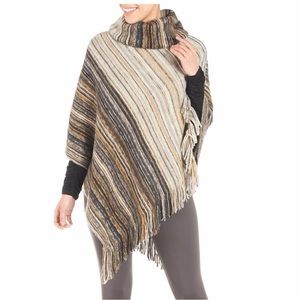 Coco + Carmen Cowl Neck Tan and Olive Fringe Poncho OS NWT